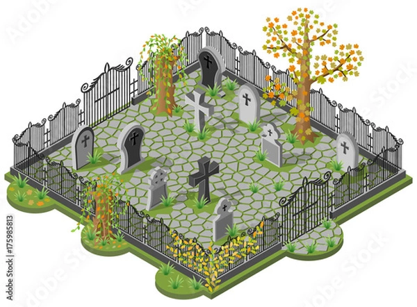 Obraz Cemetery in autumn. 3D isometric view. Vector illustration.