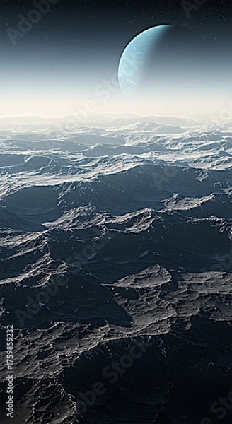 Fototapeta Blue Planet Horizon: A Stunning View of an Icy Surface Under a Radiant Space Sky