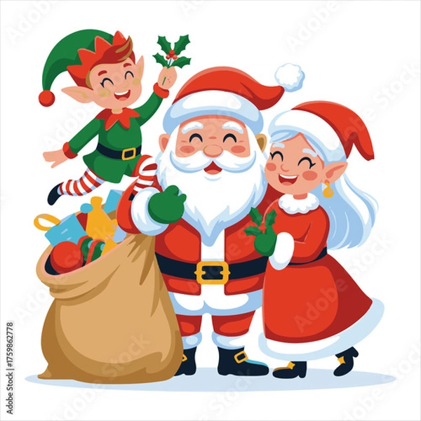 Fototapeta Flat Cartoon Christmas Characters Vector Set - Santa Claus, Elves, and Reindeer