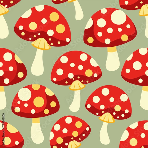 Fototapeta Seamless pattern of red mushrooms with white spots for a whimsical design