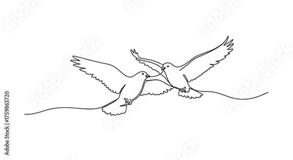 Obraz Two doves flying together in a single line drawing for peace love and unity vector illustration art
