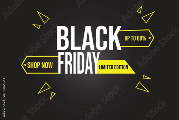 Fototapeta Flat design Black Friday illustration with bold text "Black Friday" on a dark background.The overall style is minimalist and eye catching using black,dark grey and yellow colors.
