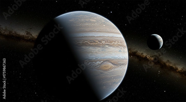 Fototapeta Jupiter and Its Moon: A Stunning View of the Giant Planet and One of Its Moons Against the Milky Way Galaxy