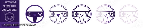Fototapeta Set of 5 Steering Wheel Game Controller Vector Icons with Editable Stroke on Transparent Background