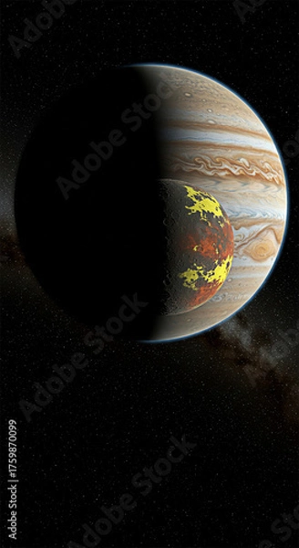 Fototapeta Moon of Fire Before Jupiter: A Sci-Fi View of an Active Volcanic Moon Glowing Before the Giant Planet Jupiter