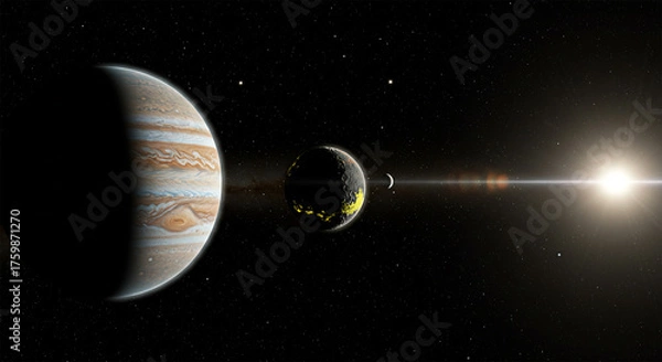 Fototapeta Exoplanetary System: A Sci-Fi View of a Giant Planet and a Glowing Moon Before a Radiant Sun in Deep Space