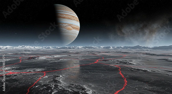 Fototapeta "Land of Fire and Ice: A Sci-Fi View of Jupiter’s Moon Surface with Glowing Lava Veins Before the Giant Planet Jupiter"

