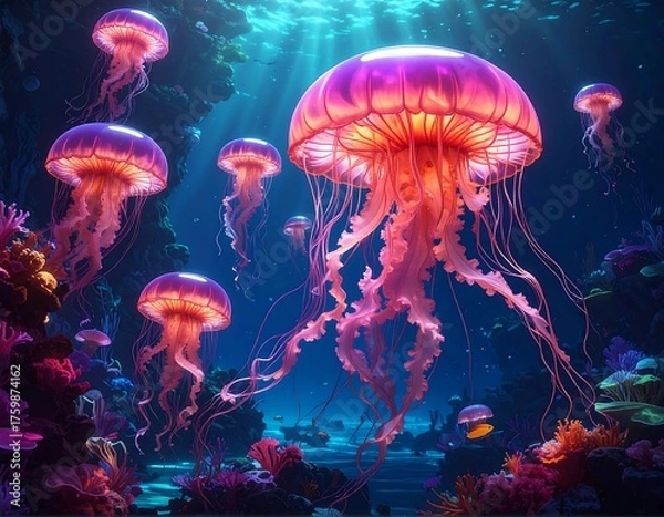 Obraz Glowing jellyfish drift amidst coral reefs, bathed in ethereal light