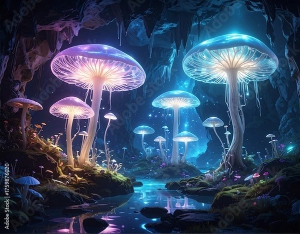 Obraz Glowing, vibrant mushrooms illuminate a cavern. Water reflects ambient light