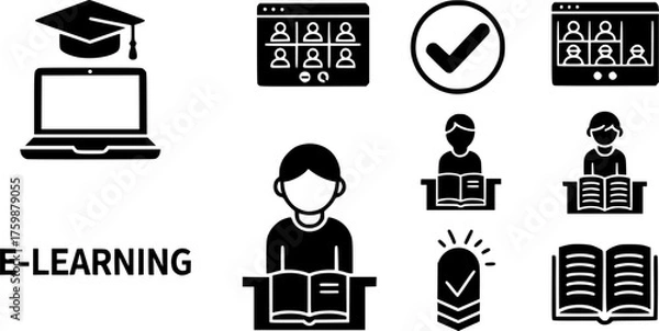Fototapeta E-Learning & Online Education Black Silhouette Icon Set: Graduation, Video Conference, Student Studying, and Knowledge Symbol Solid Vectors.