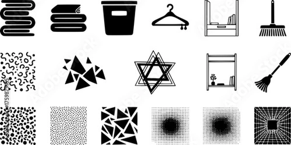 Fototapeta Minimalist Home Organization Black Silhouette Icon Set: Storage Bins, Folded Towels, Hanger, and Declutter Symbols for Lifestyle and Productivity.