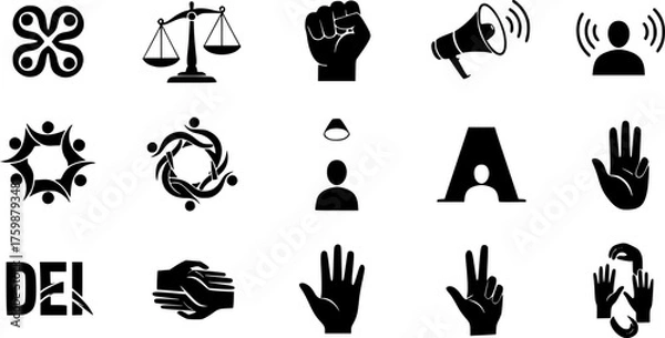 Fototapeta Diversity, Equity, and Inclusion (DEI) Black Silhouette Vector Set: Interlocked Figures, Justice Scale, Megaphone, and Abstract Unity Symbols.