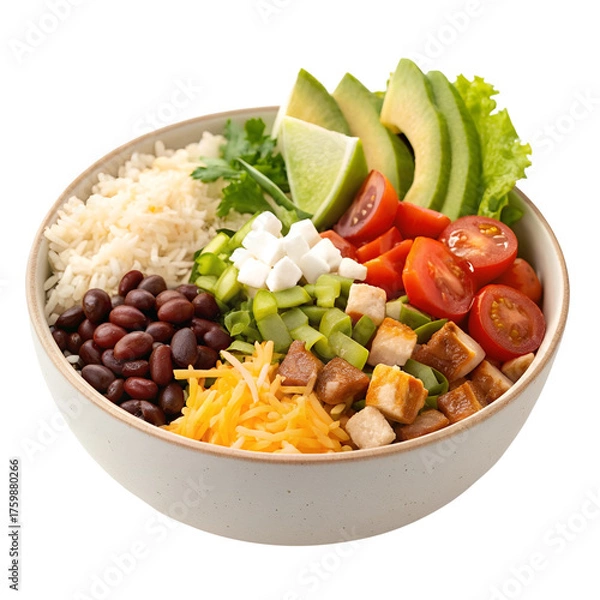 Fototapeta Burrito Bowl with Fresh Ingredients, Isolated on Transparent Background