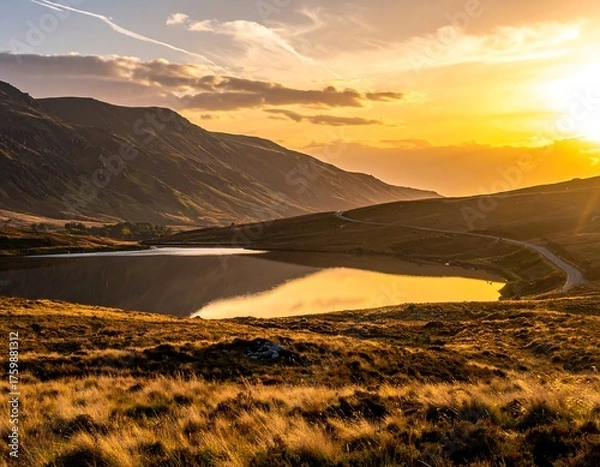 Obraz Golden hour illuminates a tranquil lake nestled among rolling hills