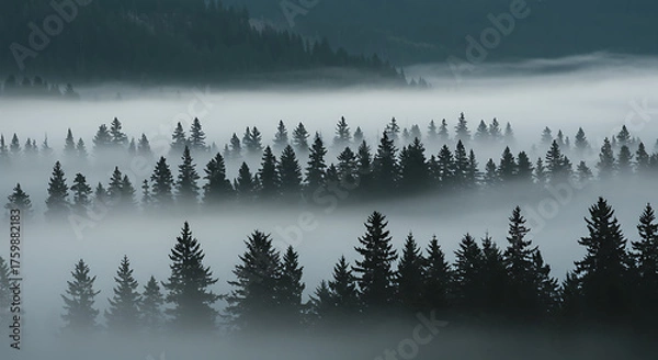 Fototapeta A tranquil view of a mountain forest shrouded in early morning fog. Silhouettes of tall pine trees fade into soft mist layers, with muted tones of gray and green. The atmosphere is peaceful and cinema