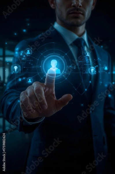 Fototapeta Businessman touching a futuristic interface with glowing icons representing people and data connections