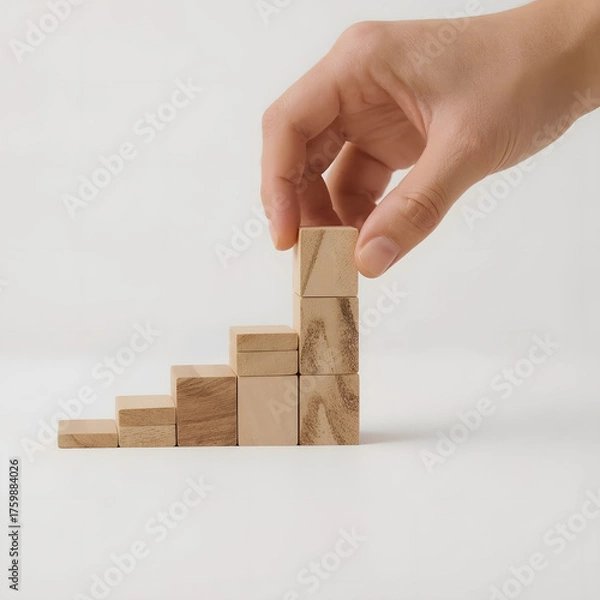 Fototapeta Hand adding a wooden block to a rising staircase of blocks, symbolizing growth and progress, isolated on white background