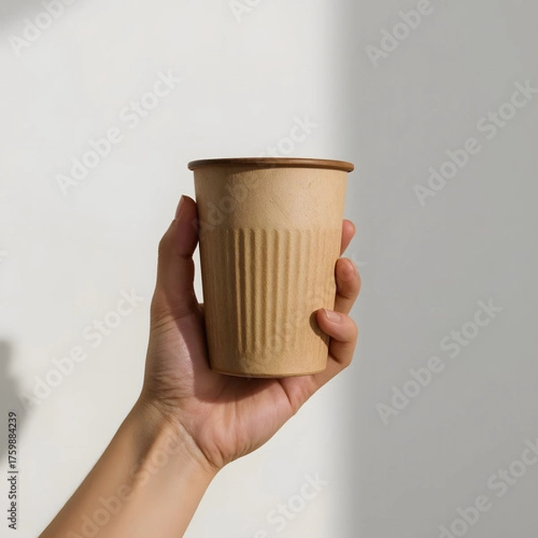 Fototapeta Hand holding a disposable paper cup with a lid, isolated on white background