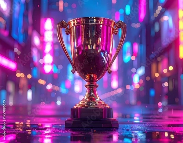 Obraz Golden trophy in a vibrant cityscape, lit by neon lights