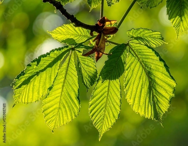 Obraz Green leaves backlit by sunlight in a blurred, natural background
