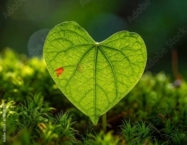 Obraz Heart-shaped, vibrant green leaf illuminated by sunlight, nestled in moss