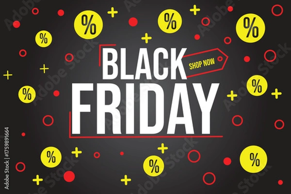 Fototapeta Flat design Black Friday illustration with bold text "Black Friday" on a dark background.The overall style is minimalist and eye catching using black,dark grey and yellow colors.