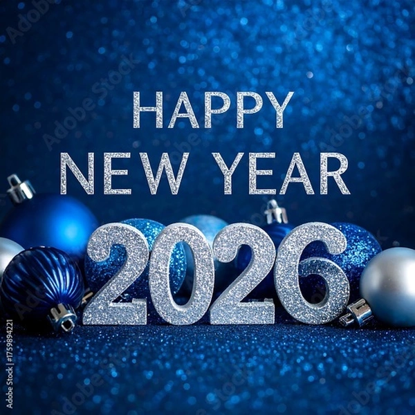 Obraz Holiday display with "Happy New Year 2026" text and ornaments