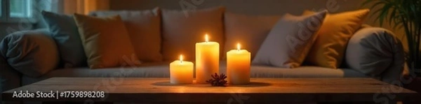 Fototapeta Cozy living room scene featuring several lit candles on a wooden table, casting a warm glow Perfect for home decor, relaxation, and ambiance themes Enjoy the serene atmosphere , glow, tabletop