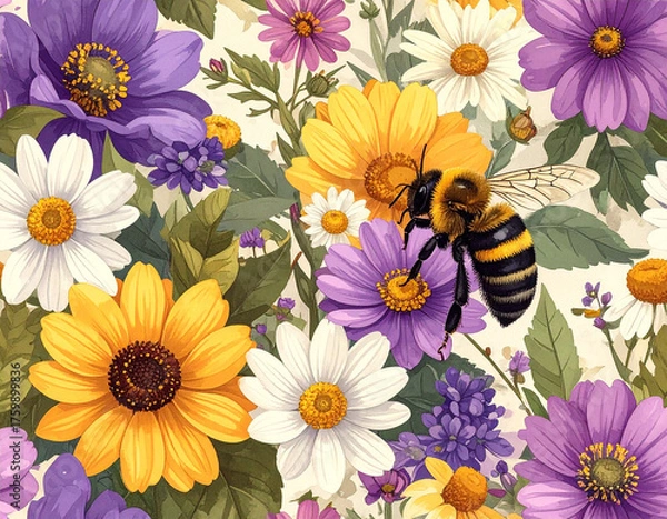 Fototapeta Colorful seamless pattern of bees and flowers in cute clipart style. Ideal for textile design, wrapping paper, wallpapers, and spring-themed backgrounds.