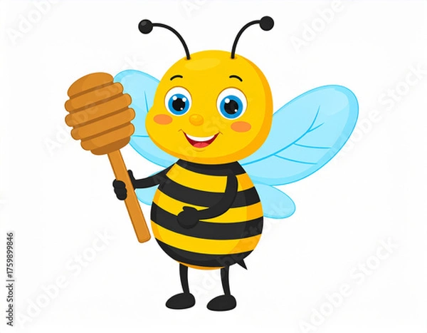 Fototapeta Adorable cartoon bee holding a honey dipper, smiling happily. Great for children’s illustrations, stickers, educational materials, and honey branding projects.