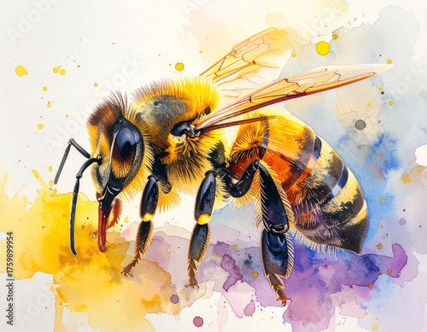 Fototapeta Artistic watercolor painting of a bee using soft brush strokes and bright tones. Perfect for wall art, posters, nature prints, and handmade design projects.