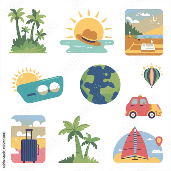 Fototapeta Summer Travel and Vacation Stickers Set - Retro Cartoon Flat Vector Illustrations