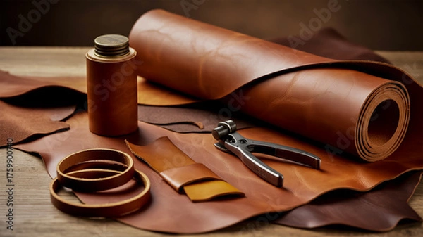 Obraz Leather Crafting Supplies Including Rolled Leather, Tools, and Scraps on a Wooden Surface materials