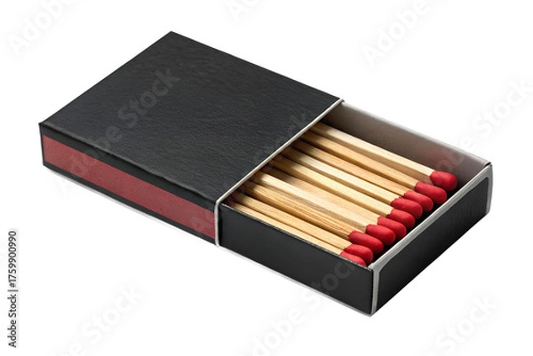 Obraz Open black matchbox filled with wooden matches featuring red ignition tips, isolated on a transparent background. Ideal for safety concepts, fire-themed graphics, camping equipment designs, survival k
