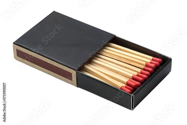 Fototapeta Open black matchbox filled with wooden matches featuring red ignition tips, isolated on a transparent background. Ideal for safety concepts, fire-themed graphics, camping equipment designs, survival k