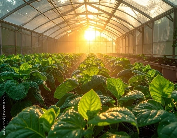 Obraz Inside a sunlit, misty greenhouse, rows of leafy plants thrive