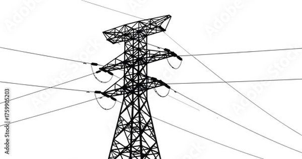 Fototapeta High voltage transmission tower, electricity pylon silhouette, power lines infrastructure, energy grid structure, industrial engineering, utility network, electric supply system