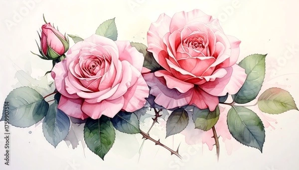 Obraz Watercolor illustration featuring two vibrant pink roses in full bloom with a bud. Green leaves and thorny stem details are also included