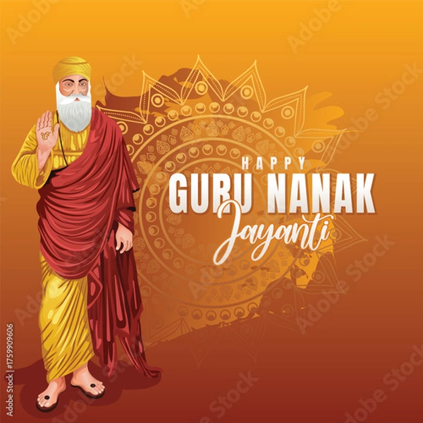 Fototapeta Happy Guru Nanak Jayanti celebration background featuring Guru Nanak Dev Ji illustration, artistic mandala, elegant typography, and festive spiritual design perfect for greetings and posters.