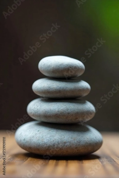 Fototapeta Close-up of a precisely balanced stack of smooth, grey stones on a wooden surface, illustrating perfect equilibrium and harmony , scene, rocks, grey