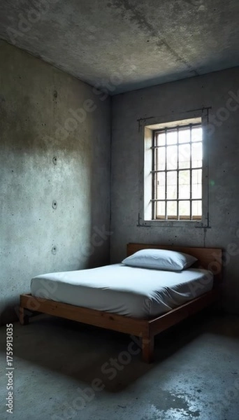 Fototapeta A stark, minimalist bedroom cell with a single bed, bare concrete walls, and a small barred window The overall feeling is one of confinement and isolation , cell, grimy, bare