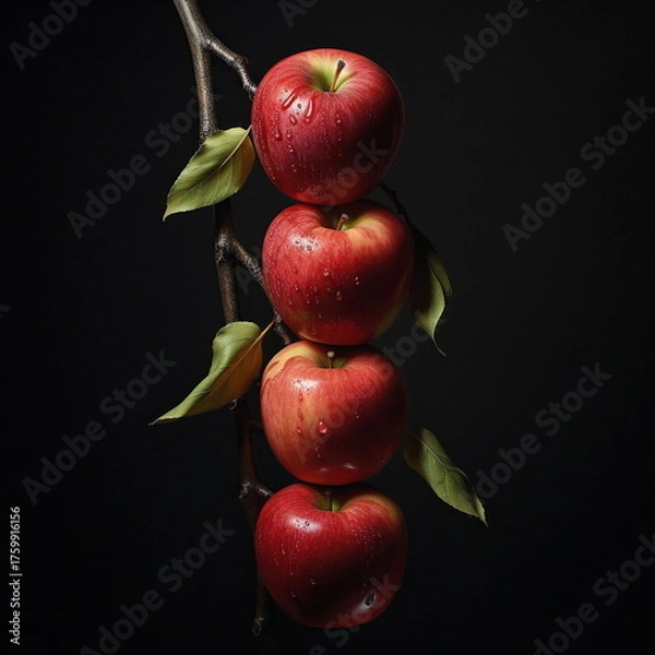 Obraz Four red apples on a branch against a dark background