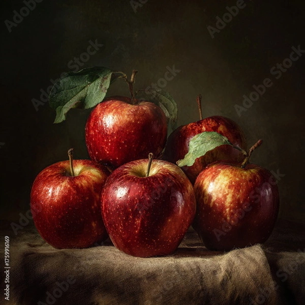 Obraz Five red apples with green leaves in a classic still life setting