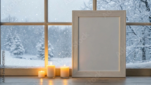 Fototapeta A tranquil winter setting shows a blank frame beside glowing candles. Snowflakes fall outside the window, revealing a serene landscape with snow-covered trees during the 2026 holiday season