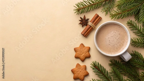 Obraz A cozy scene featuring a cup of warm drink surrounded by holiday decorations. Gingerbread cookies and spices enhance the festive spirit of New Year and Christmas 2026