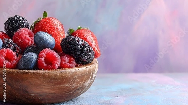 Obraz Wooden bowl filled with fresh strawberries blueberries raspberries and blackberries with water droplets