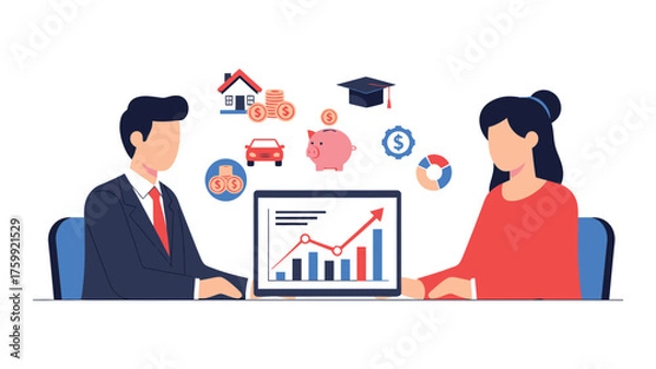 Fototapeta Financial advisor meeting with client discussing investment growth and planning for future goals vector illustration
