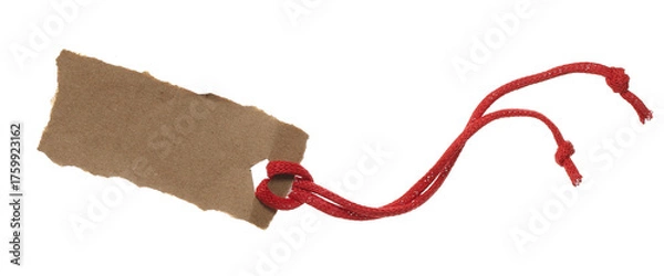 Obraz Blank cardboard tag with red string flying, isolated on white background, clipping path