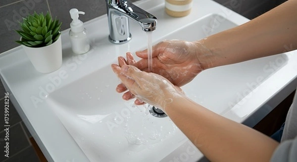 Fototapeta A person washing their hands under running water from a modern chrome faucet in a white bathroom sink, with a small green plant nearby