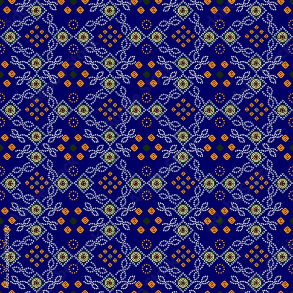 Fototapeta Blue Geometric Floral Pattern – Symmetrical Textile Design with Dotted Motifs and Orange Diamond Accents
